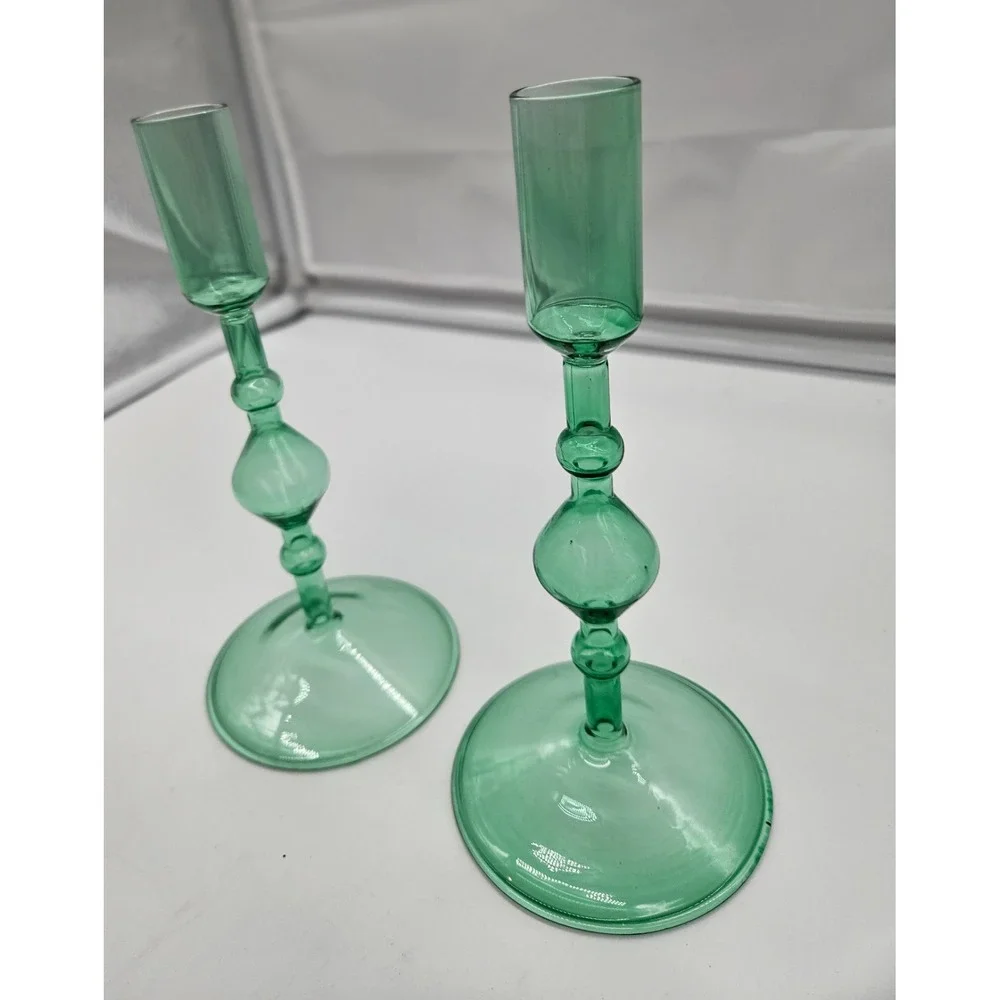 Vintage Style Green Glass Taper Candle Holders Set of 2 Turned Stem 7.5 Inch